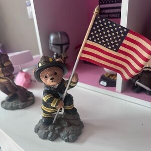 Bear Firefighter Figurine Holding American Flag - Black & Yellow